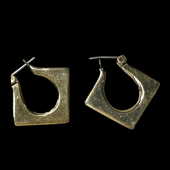Vintage 90s Hoop Earrings pierced Gold Tone Jigsaw Chunky Square Elegant size 1" - Picture 10 of 12